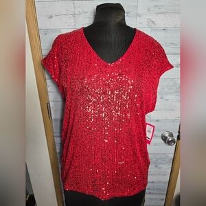 NWT Vince Camuto Red Sequin Cap Sleeve Top
